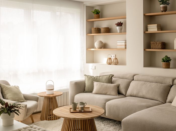 salón luminoso en colores neutros, estanterías empotradas en madera y sofá beige, reforma interior y diseño de interiores y amueblamiento EF13, Vitoria-Gasteiz